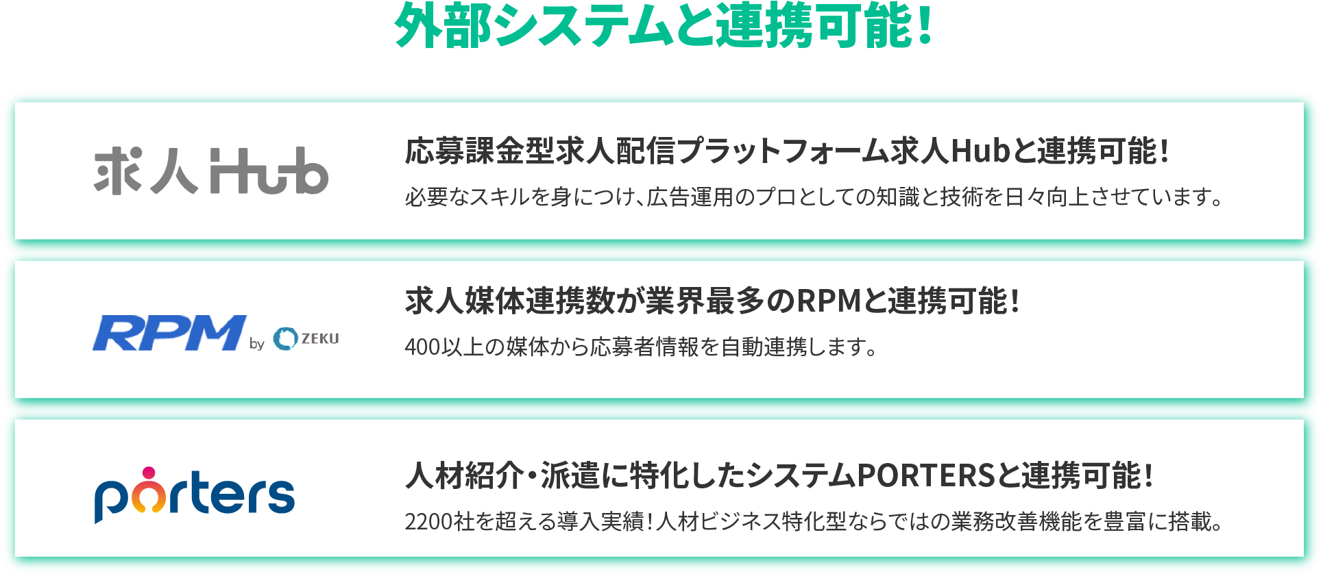 外部システムと連携可能！/求人Hub・RPMbyZEKU・porters
